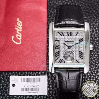 Replica Cartier Tank Watch SS White Roman Diamond Face Leather Watch